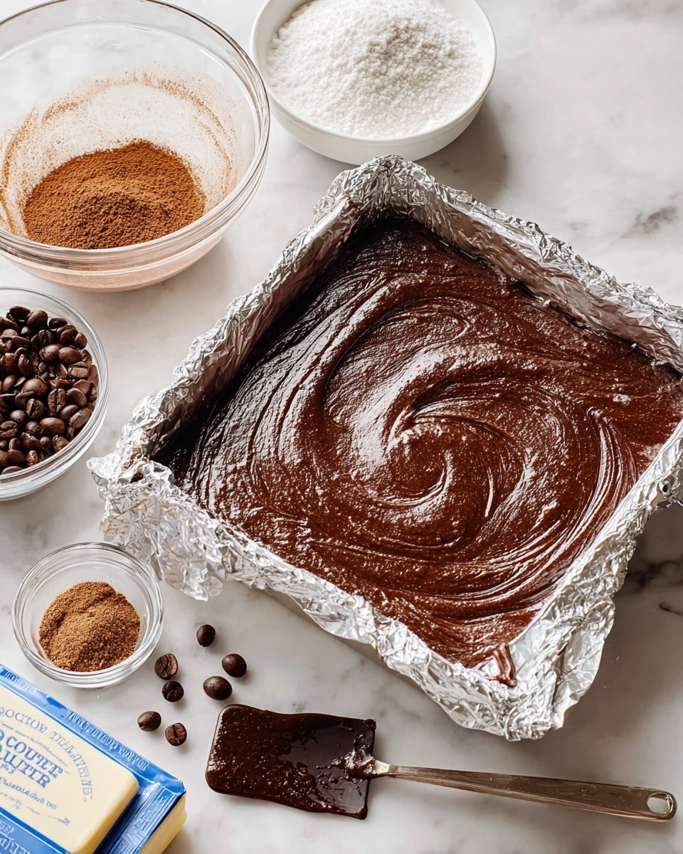 The image shows several square dessert bars on a white marbled surface. Each bar has three distinct layers: a dark brown bottom layer that looks like a dense brownie, a middle light beige layer that appears creamy and smooth, and a thick top layer of glossy milk chocolate with a slightly shiny texture. One bar near the center has a bite taken out of it, revealing the creamy middle and dense brownie clearly. The bars are neatly cut with straight edges and are arranged close together but not touching. photo taken with an iphone --ar 4:5 --v 7