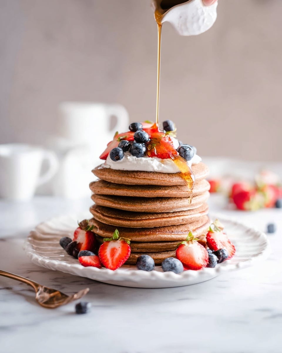 The image shows a stack of three light brown pancakes on a white scalloped plate placed on a white marbled surface. The top pancake is covered with a layer of smooth white cream running slightly over the edge. Three fresh blueberries and pieces of sliced strawberries are arranged on top of the cream, adding blue and red colors. A woman's hand is holding a perfect slice cut out from the stack, showing the fluffy texture of the inside. In the background, there is a silver fork and additional berries scattered lightly. Photo taken with an iphone --ar 4:5 --v 7