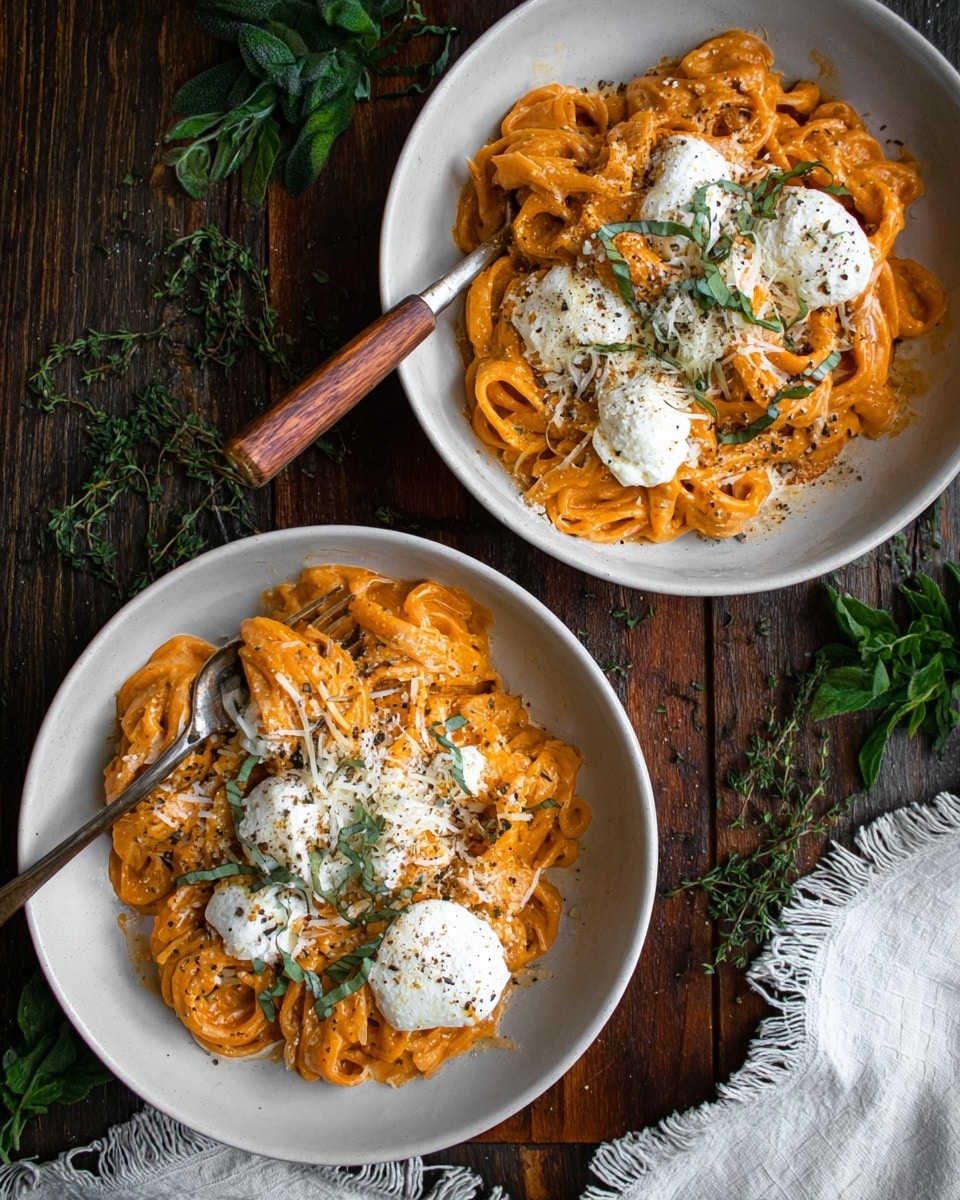 A white bowl holds a serving of creamy orange pasta, with the noodles twirled into loose nests. On top of the pasta are several dollops of soft white cheese, textured and glossy, sprinkled with black pepper and fresh green herb leaves. A shiny metal spoon with a wooden handle lifts some pasta from the bowl. The white marbled surface beneath adds a clean contrast. photo taken with an iphone --ar 4:5 --v 7