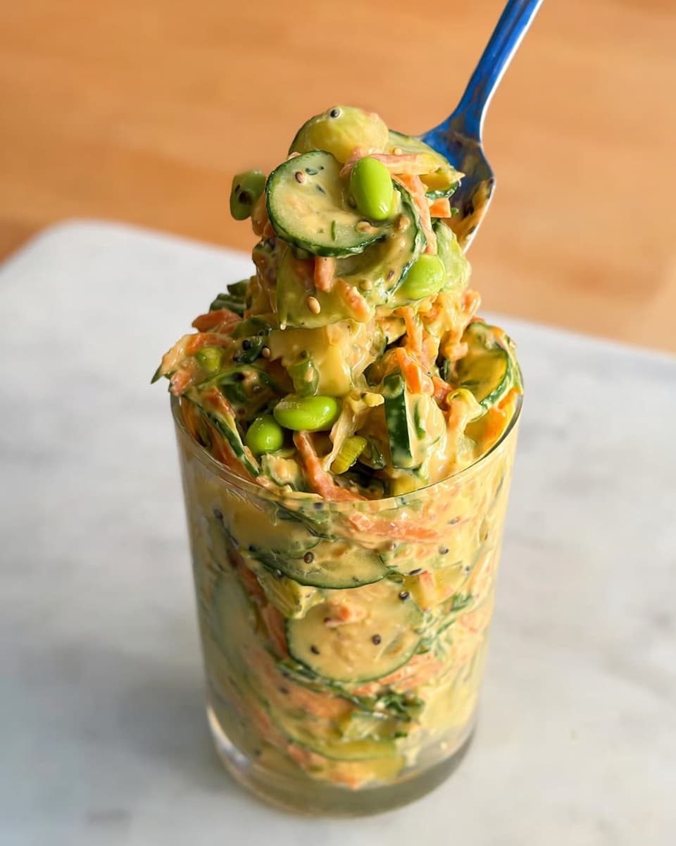 A tall, clear glass is filled to the top with a creamy salad made of thin, green cucumber slices, light orange carrot shreds, and bright green edamame beans, all coated in a thick, pale yellow dressing with specks of black seeds scattered throughout. The salad looks fresh and dense, with the vegetables tightly packed in layers that show the mix of smooth, crunchy textures. A spoon with a blue handle is lifted slightly above the glass, holding some salad that spills over slightly, emphasizing the thick and creamy consistency. The setting is a white marbled surface beneath the glass, adding a clean and bright feel to the image. photo taken with an iphone --ar 4:5 --v 7