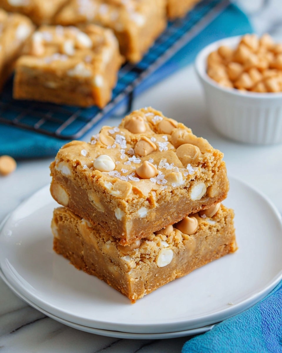 Two square bars stacked on a white plate, each bar showing a dense, golden brown base with a slightly cracked top layer sprinkled with white and beige butterscotch chips and small white flakes, likely salt. The bars have a chewy texture with visible white chunks inside. In the background, a white bowl filled with butterscotch chips and a metal cooling rack hold more of these bars cut into squares. The setting is on a white marbled surface with a blue cloth partially visible. Photo taken with an iphone --ar 4:5 --v 7