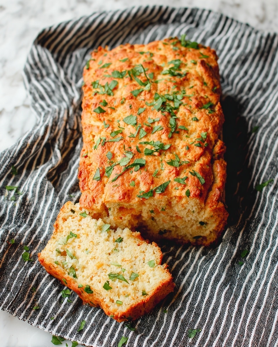 A golden-brown rectangular baked bread with a rough, crumbly texture is shown resting on a black and white striped cloth over a white marbled surface. The top of the bread is sprinkled evenly with small pieces of bright green herbs, adding a fresh garnish. A smaller piece of the bread, broken from the main loaf, lies in front, revealing the light, soft inside with a consistent crumb pattern. The bread’s surface has small uneven ridges and cracks, highlighting its homemade feel. photo taken with an iphone --ar 4:5 --v 7