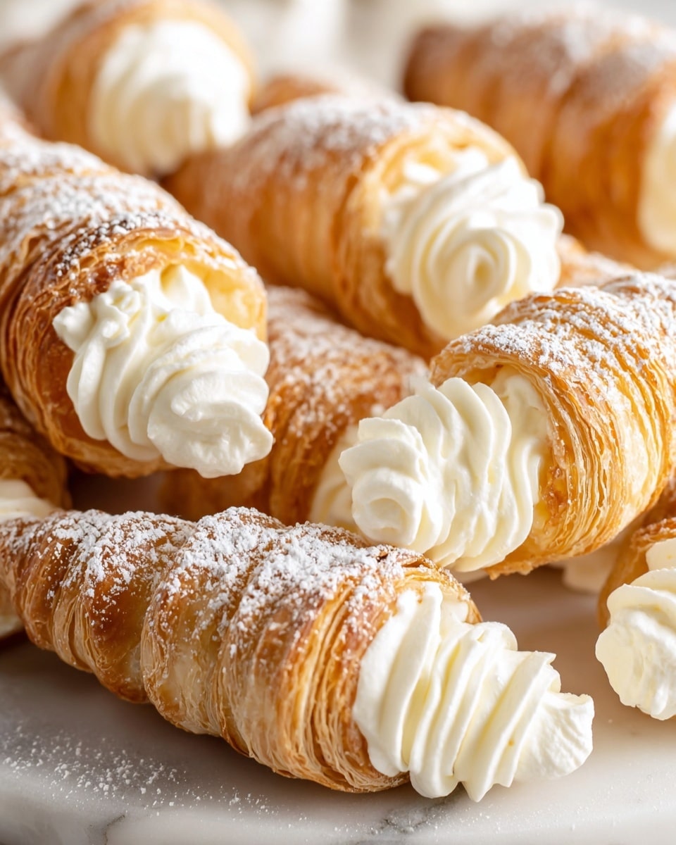 The image shows a black wire basket with a wooden handle filled with nine golden-brown cream-filled pastry cones, each with a flaky and crunchy texture, dusted lightly with powdered sugar. The cream inside is white, smooth, and swirled at the open end of each cone, with visible layers of flaky pastry wrapped tightly around the cream. The basket is lined with crinkled white parchment paper, and the whole setup is placed on a white marbled surface with a small metal sieve filled with powdered sugar nearby. In the background, blurred cream cones sit on a white plate with a white marbled texture. photo taken with an iphone --ar 4:5 --v 7