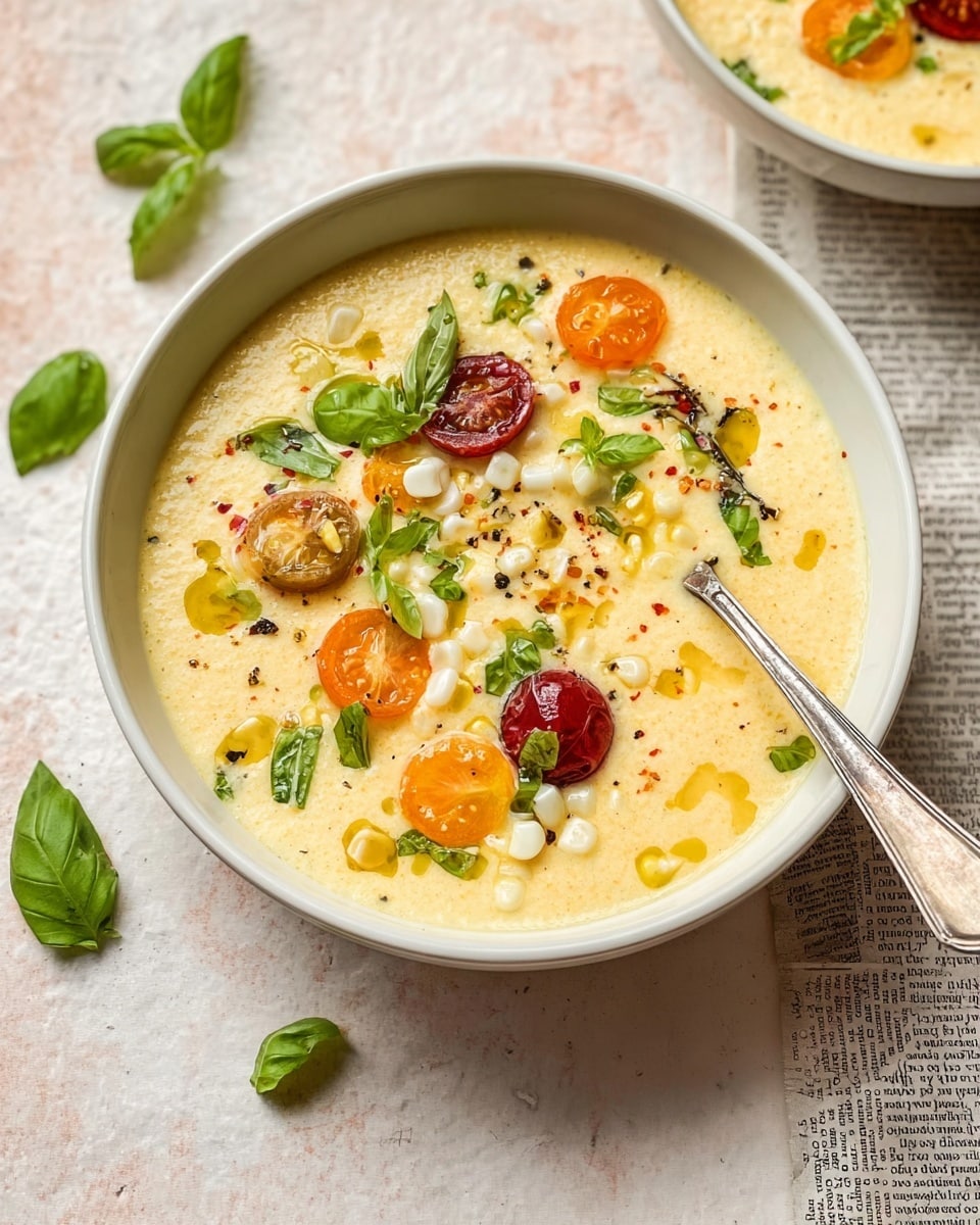 A white bowl filled with a creamy pale yellow soup forms the base layer, smooth and thick in texture. On top, there are scattered small white corn kernels and halved cherry tomatoes in shades of deep red and bright orange, adding pops of vibrant color. Fresh green basil leaves are spread across the surface, along with tiny drops of green oil and specks of black pepper, giving a fresh and seasoned look. A vintage metal spoon rests inside the bowl, partially submerged in the soup. The bowl is placed on a white marbled texture with a piece of newspaper and small scattered basil leaves nearby, creating a simple and natural setting. photo taken with an iphone --ar 4:5 --v 7