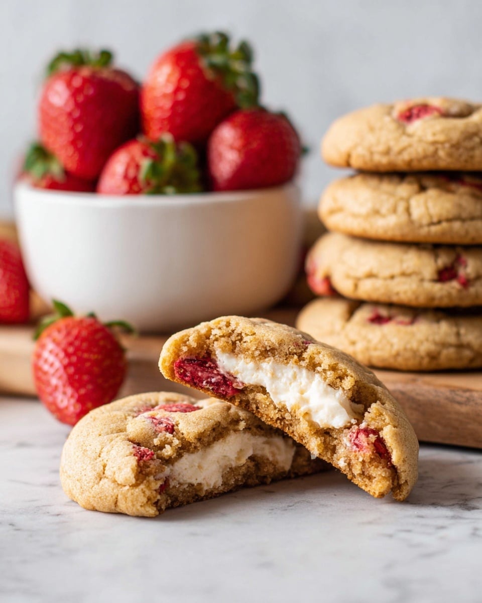 A close-up view of a pile of soft, round cookies spread out on a white marbled surface, each cookie light golden brown with small red pieces of strawberry embedded throughout. To the top right, there is a white scalloped bowl filled with fresh, whole strawberries with vibrant red color and green leaves. The cookies have a slightly cracked texture on top, showing a tender inside with bits of fruit visible in every cookie. photo taken with an iphone --ar 4:5 --v 7