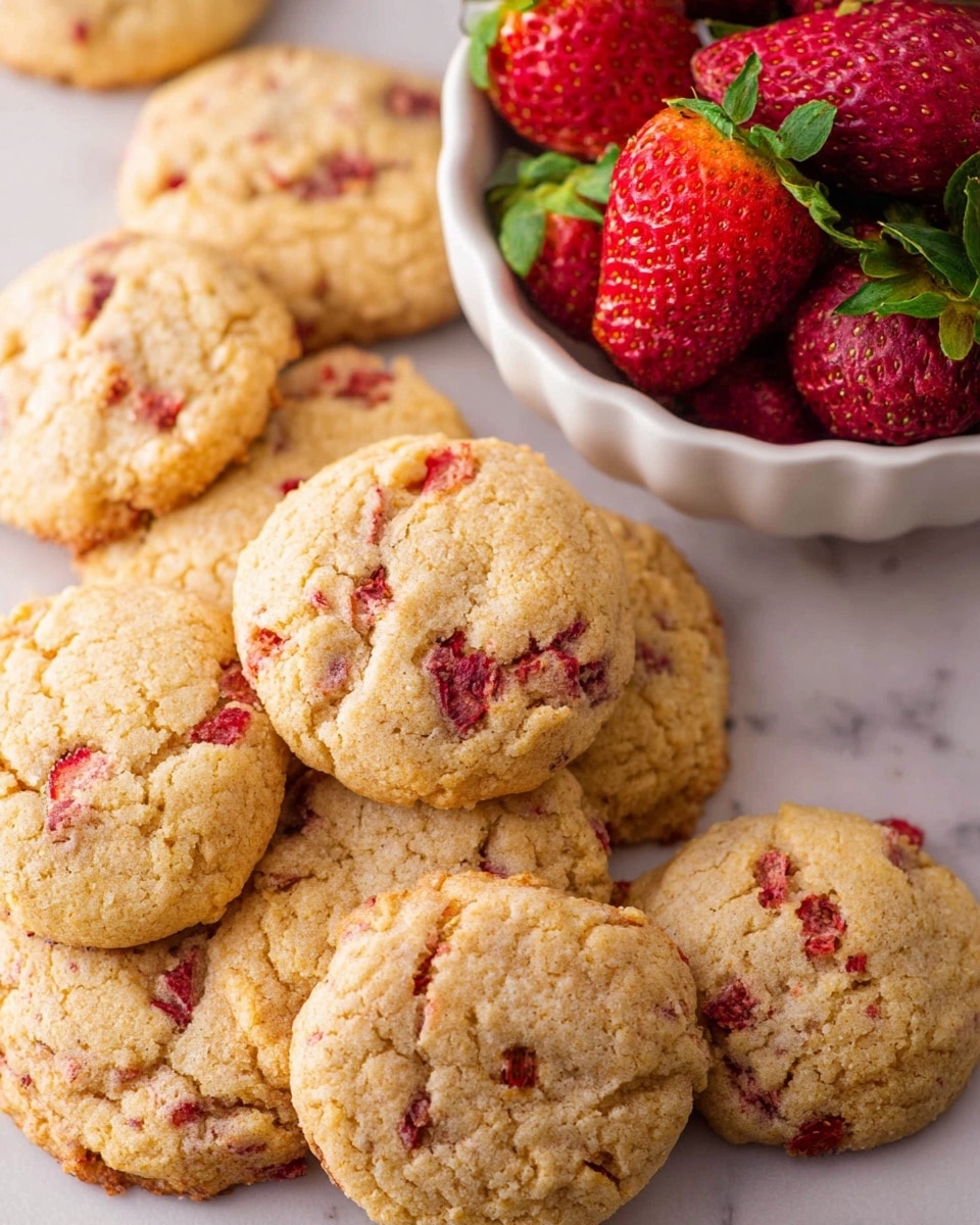 The image shows several golden brown cookies with visible red strawberry pieces baked into them, stacked on a white marbled surface. One cookie is broken in half and placed in the foreground, revealing a thick, creamy white filling inside, contrasting with the slightly crumbly textured cookie outer layer. Behind the cookies is a white bowl filled with bright red strawberries with green leafy tops, adding a fresh and colorful background detail. photo taken with an iphone --ar 4:5 --v 7