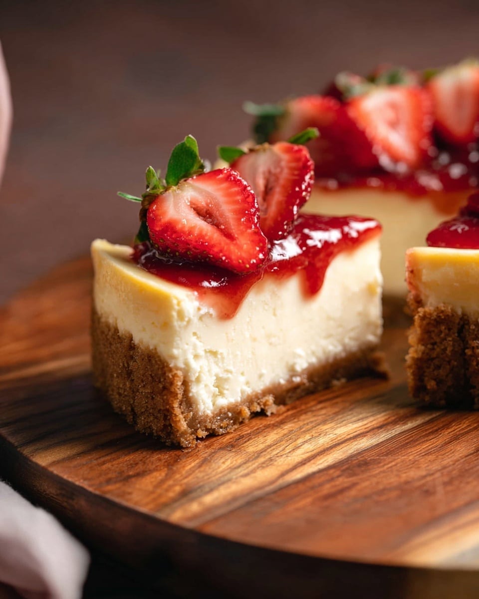 A close-up of a slice of creamy cheesecake with a thick light yellow middle layer and a brown crumbly crust at the bottom, topped with a shiny red strawberry sauce and fresh halved strawberries, some showing white and red insides and green leaves, all set on a wooden board with a blurred brown background and a woman's hand partially visible near the bottom edge, photo taken with an iphone --ar 4:5 --v 7