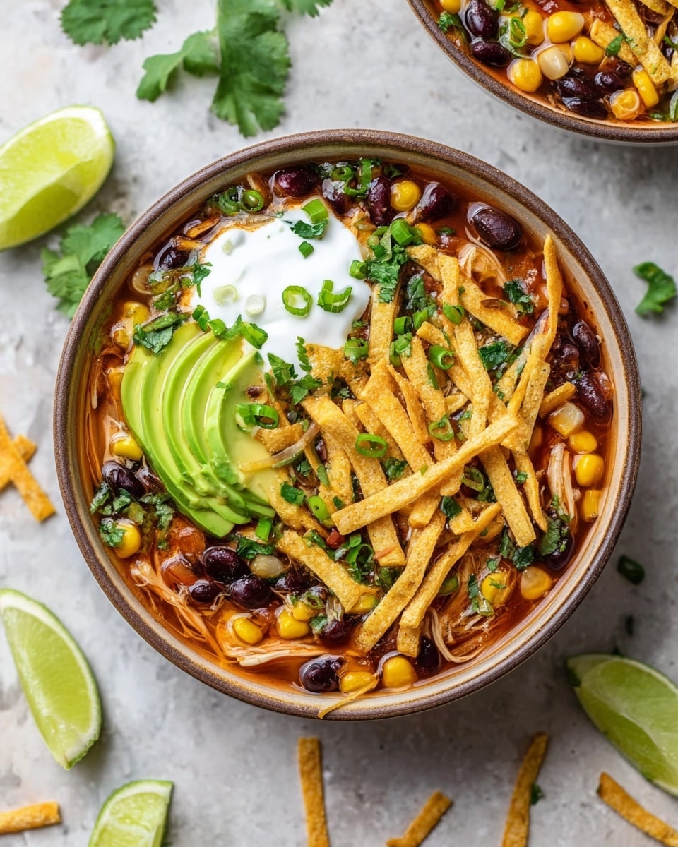 A brown bowl filled with a colorful soup showing layers of dark beans, bright yellow corn, light chickpeas, and shredded chicken in a reddish broth at the bottom. On top, there is a smooth white dollop of sour cream on the left side, next to thin green slices of avocado. Thin, crispy golden tortilla strips are scattered across the top, along with small sprigs of fresh green cilantro and chopped green onions. On the right edge, there are two lime wedges adding a pop of green. The bowl rests on a white marbled textured surface with some scattered tortilla strips and cilantro leaves around. Photo taken with an iphone --ar 4:5 --v 7