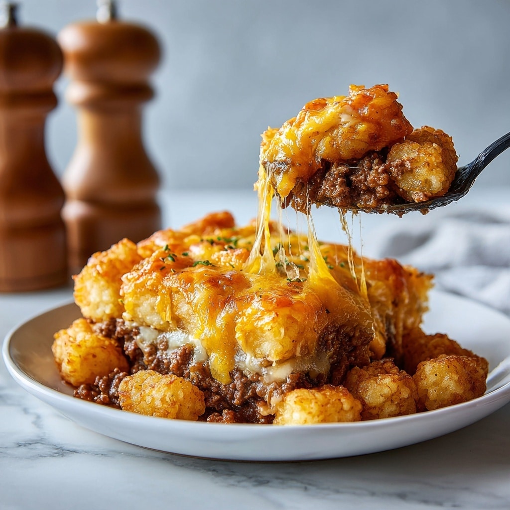A white plate holds a layered dish with three main layers: a bottom creamy mashed potato layer that is light and smooth, a middle cooked ground beef mixed with sauce showing a rich brown color and chunky texture, and a top melted cheddar cheese layer that is bright orange and gooey. A silver fork lifts a spoonful of food from the plate, showing all three layers mixed with small bits of green garnish. In the blurred background, there is a glass bowl filled with shredded cheddar cheese, bright green leafy herbs, a red container, and wooden salt and pepper grinders. The surface is white with a marbled texture. photo taken with an iphone --ar 4:5 --v 7