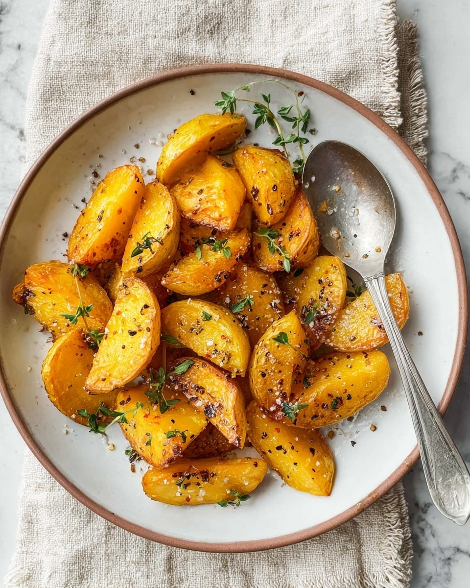 A white bowl with a brown rim holds roasted golden-yellow potato pieces, each cut into thick wedges with a crispy, slightly shiny surface from oil. The potatoes are sprinkled with coarse sea salt and small green herb leaves, likely thyme, adding texture and color contrast. A silver spoon rests on the right side inside the bowl. The bowl sits on a light beige cloth on top of a white marbled surface with scattered small green herb leaves around, enhancing the fresh look. photo taken with an iphone --ar 4:5 --v 7
