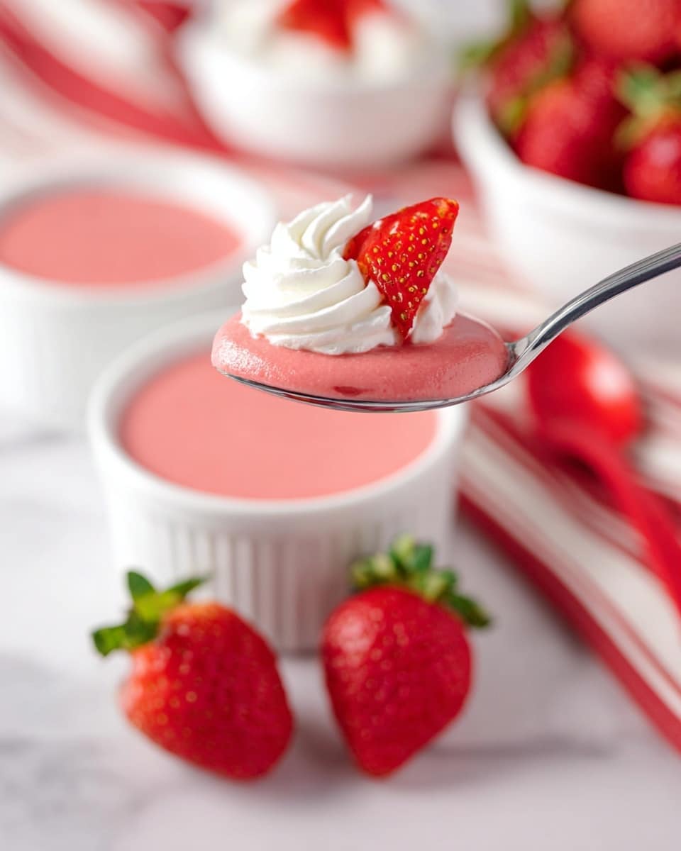 A small white ramekin filled with smooth, shiny pink strawberry pudding topped with a dollop of white whipped cream and a single large, bright red strawberry with green leaves on top; next to the ramekin, two fresh strawberries lie on the white marbled surface, and a silver spoon holds a scoop of the pink pudding with some whipped cream; in the background, there is a white bowl full of whole strawberries and another white ramekin with pink pudding and small strawberry pieces, along with a red spoon and a red and white striped cloth nearby. photo taken with an iphone --ar 4:5 --v 7