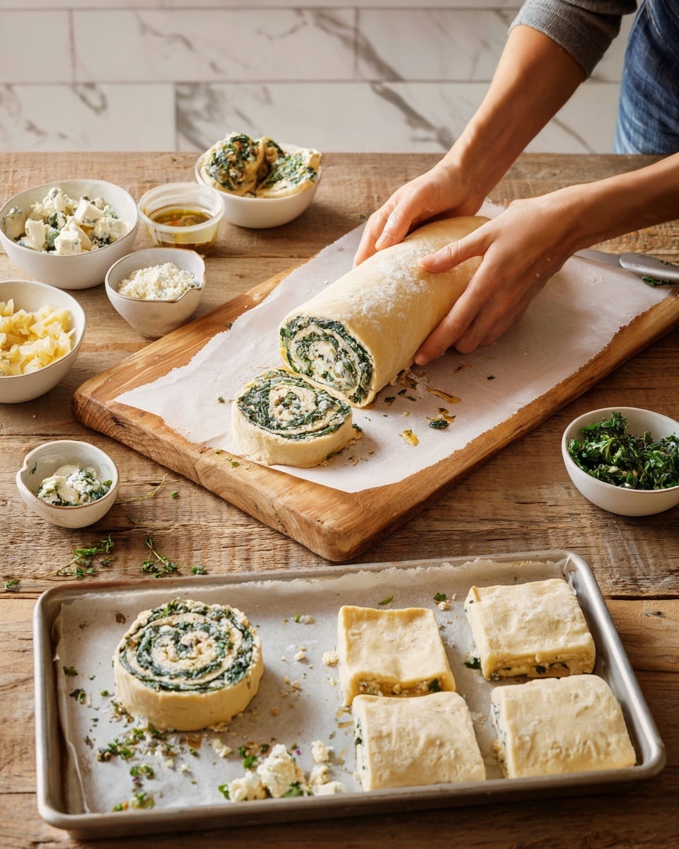 The image shows six golden brown round biscuits with a creamy green spinach topping on each, placed on a white plate. Each biscuit has a fluffy, slightly cracked texture and a browned edge, while the spinach topping looks creamy and slightly melted, with dark green leafy bits spread evenly over the surface. The plate sits on a white marbled surface, with part of some green herbs in the background. Photo taken with an iphone --ar 4:5 --v 7