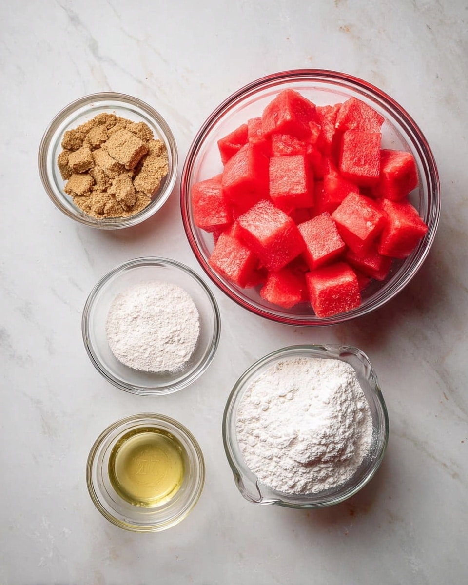The image shows a close-up of six soft, square-shaped jelly candies stacked on a wooden board. Each candy is coated with a light layer of white sugar crystals, giving them a frosted look. The jelly inside is a translucent pinkish-red color. The wooden board holds the candies in a neat pile, with some scattered sugar crystals around it. In the blurred background, a slice of watermelon can be seen against a white marbled texture. photo taken with an iphone --ar 4:5 --v 7