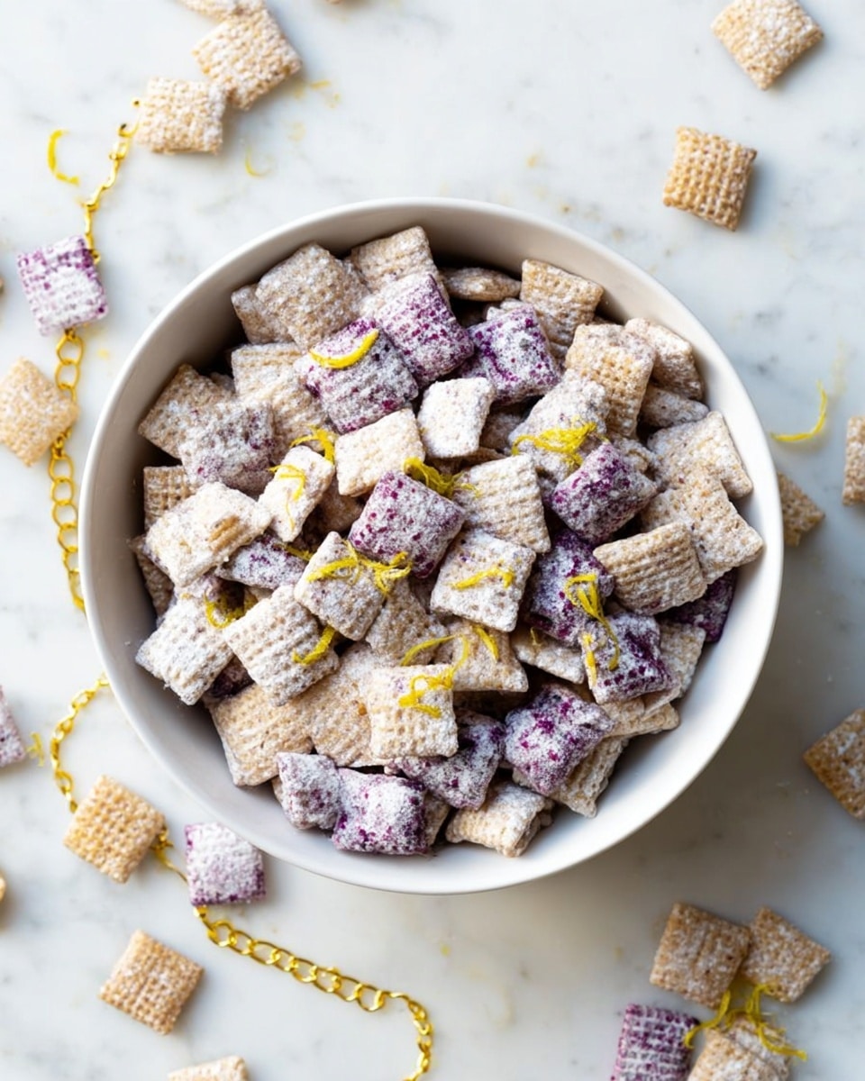 A white bowl filled with two types of small square cereal pieces sits on a white marbled surface. One cereal type is beige with a waffle texture, and the other is coated in powdered sugar with a purple blueberry pattern and small bits of blueberry inside. Thin yellow lemon peel strips are scattered on top, adding a pop of color. A few pieces of both cereals and lemon peel are placed casually beside the bowl on the surface. photo taken with an iphone --ar 4:5 --v 7