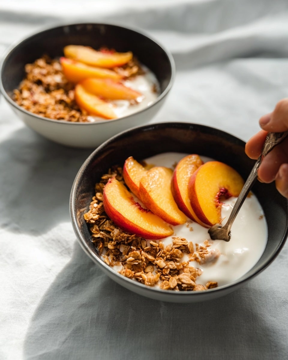 Two white bowls filled with creamy white yogurt form the base layer, topped with slices of juicy orange peaches and a crunchy layer of granola on one side. A woman's hand holds a spoon scooping from the bowl in the front. The bowls sit on a white marbled surface, with soft natural light highlighting the texture of the yogurt, peaches, and granola photo taken with an iphone --ar 4:5 --v 7