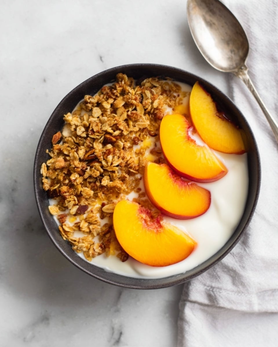 A white bowl with three main layers is shown on a white marbled surface. The bottom layer is smooth white yogurt, topped with crunchy granola on one side which is golden brown with oats and nuts. On the other side, there are bright orange peach slices arranged neatly in a row, their soft, juicy texture contrasting with the granola. A silver spoon is placed near the bowl, and a woman's hand is about to reach for it. Photo taken with an iphone --ar 4:5 --v 7