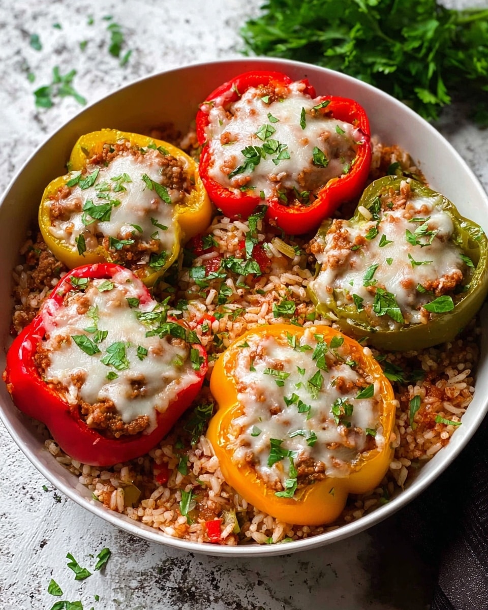 A white bowl filled with a layer of cooked rice mixed with ground meat and small red vegetable pieces, forming the base. On top, there are five bell pepper rings in red, yellow, and green colors, each stuffed with a mixture of ground meat and rice, covered with melted white cheese that has a slightly browned texture. Fresh green herbs are sprinkled over the entire dish, adding a touch of color. The bowl sits on a white marbled textured surface with some green herbs nearby. photo taken with an iphone --ar 4:5 --v 7