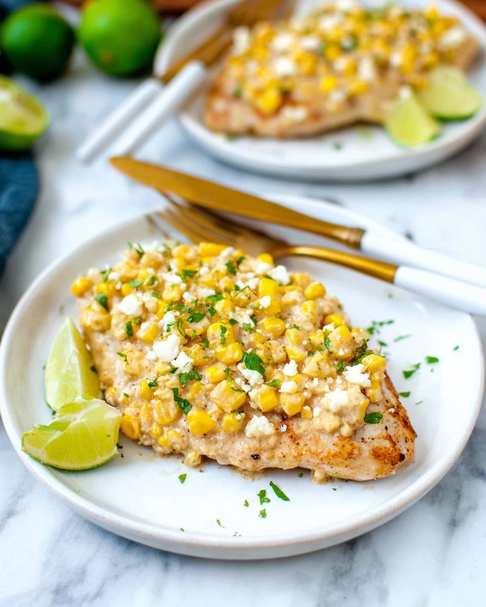 A white plate holds a piece of cooked chicken breast as the base layer, topped with a creamy corn mixture with visible yellow corn kernels and small bits of white cheese scattered on top, garnished with finely chopped green herbs. Two lime wedges with bright green skin rest on the side of the chicken. A gold fork and knife with white handles lay diagonally on the upper side of the plate. The background shows another similar white plate with the same dish slightly blurred on a white marbled surface. photo taken with an iphone --ar 4:5 --v 7