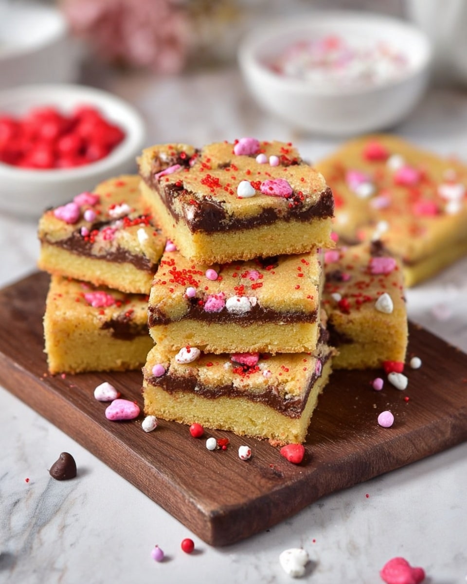 A rectangular white baking dish with dark blue handles contains a freshly baked cookie bar dessert cut into 12 squares. The top layer is a golden brown cookie with a soft texture and is embedded with colorful candy-coated chocolate pieces in red, pink, white, and orange. The cookie surface shows a slightly crispy edge with small cracks, and the candies are slightly pressed into the dough but still visible. The dish is resting on a round wooden board placed on a white marbled surface. photo taken with an iphone --ar 4:5 --v 7