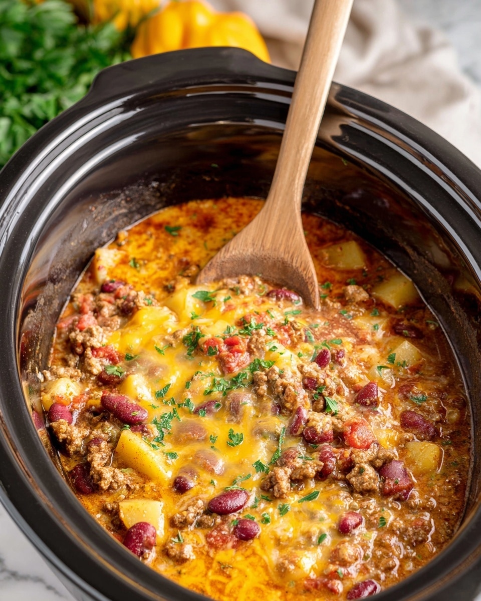 A close-up view of a black slow cooker filled with a colorful, layered chili dish. The bottom layer is a rich, melted layer of orange-yellow cheese that melts into the mixture above. Scattered throughout are chunks of light yellow potatoes, red kidney beans, browned ground meat, and diced red tomatoes, all mixed in a thick, reddish-orange sauce. Small green parsley pieces are sprinkled on top for a fresh touch. A wooden spoon is stirring the chili inside the slow cooker, with the spoon handle resting on the pot rim. The slow cooker is set on a white marbled surface, with a blurred background of greenery and some yellow objects partially visible. photo taken with an iphone --ar 4:5 --v 7