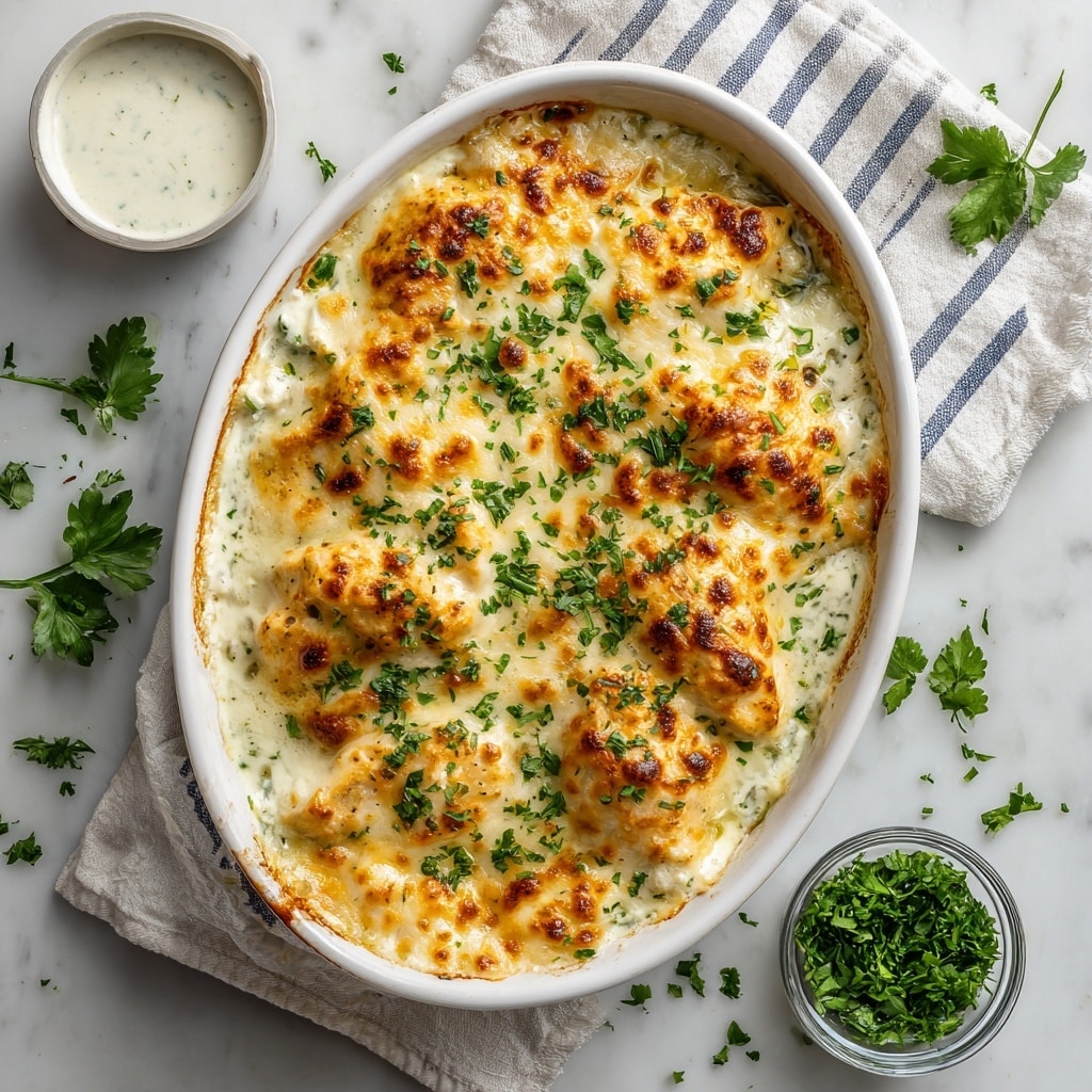A close-up of a thick, creamy lasagna piece being lifted with a spatula, showing a golden-brown melted cheese layer on top with small green herb leaves scattered across it. Below the top layer, there is a smooth white cheese sauce speckled with black pepper and herbs. The white bowl underneath holds more of the creamy sauce, with bits of green herbs visible. The background includes a blurred green plant and a white marbled surface. Photo taken with an iphone --ar 4:5 --v 7
