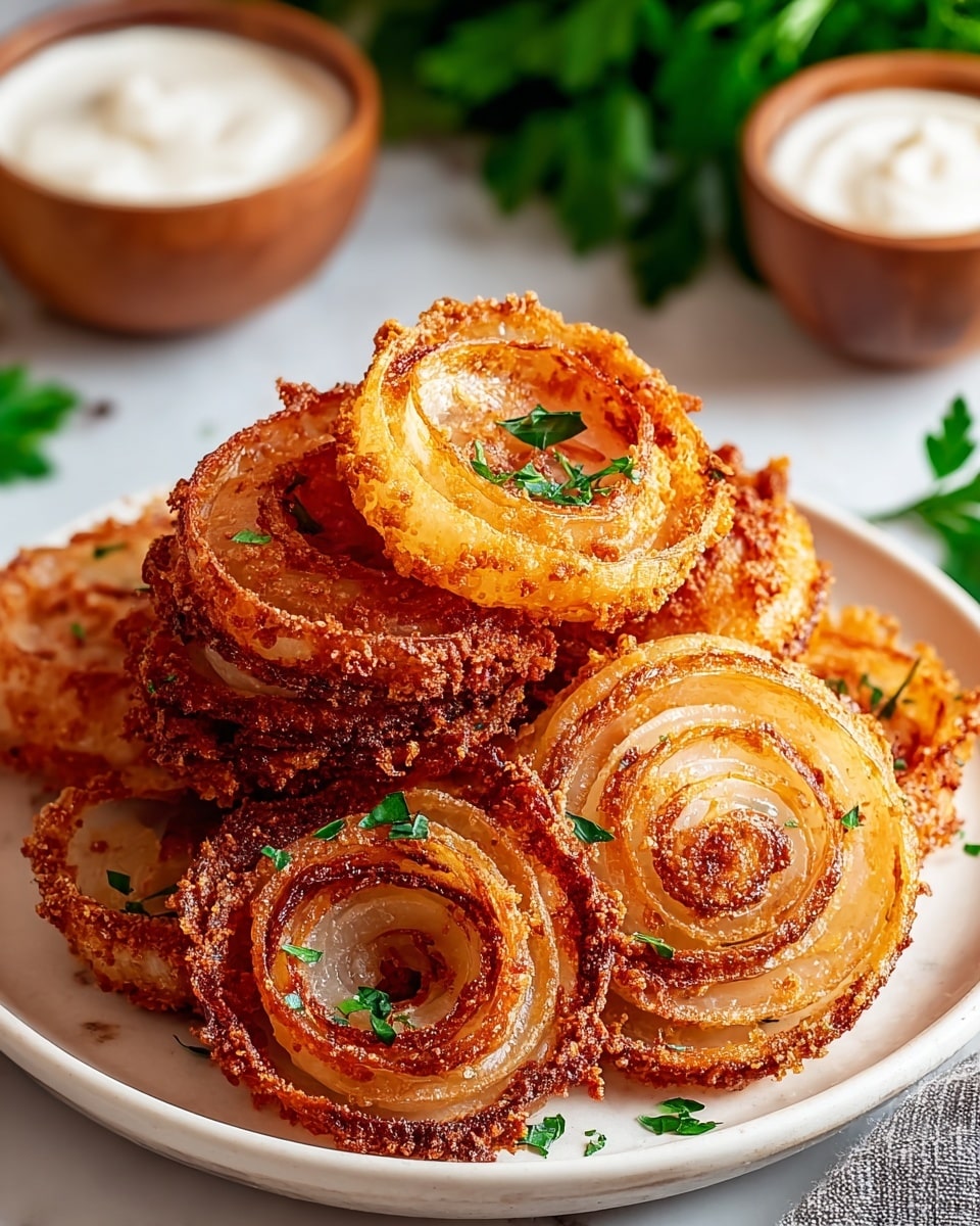 A white speckled plate holds a stack of crispy onion rings, each showing multiple thin layers with a golden brown and slightly darker fried edge. The onion rings have a crunchy texture and are arranged in a loosely piled stack at the center of the plate. To the upper left side of the plate, there is a small white bowl filled with smooth, creamy white dip. Fresh green parsley leaves are placed near the bottom right of the plate, adding contrast to the warm colors of the onion rings. The whole dish is set on a white marbled surface with a whole onion blurred in the background. Photo taken with an iphone --ar 4:5 --v 7