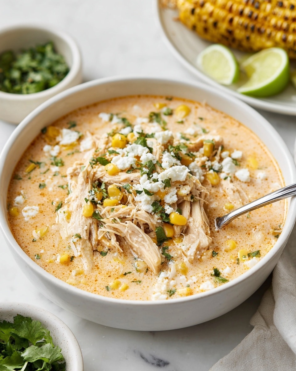 A white bowl filled with creamy chicken and corn soup, showing about three layers: a light orange creamy broth at the base, tender strands of light beige shredded chicken mixed evenly, and bright yellow corn kernels sprinkled throughout. The top layer has scattered white crumbled cheese and small green herb pieces adding color contrast. A silver spoon hangs inside the bowl. Around the bowl, there are wedges of lime, fresh green herbs in a small white bowl, and a white plate with grilled corn visible in the background, all set on a white marbled textured surface. photo taken with an iphone --ar 4:5 --v 7