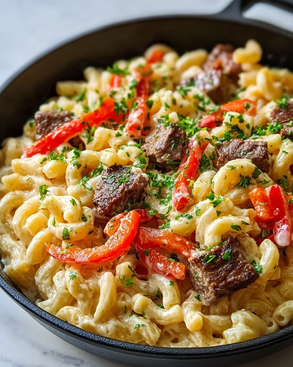 A close-up view of a baked pasta dish in a black skillet, showing three main layers: the base is curly macaroni pasta in a light yellow color with some browned spots, the middle layer has chunks of brown cooked meat mixed with soft pieces of orange-red tomato, and the top layer is melted white cheese covering the dish unevenly. The dish is sprinkled with small chopped green onions and herbs, adding green color throughout. The skillet is placed on a white marbled texture surface. photo taken with an iphone --ar 4:5 --v 7