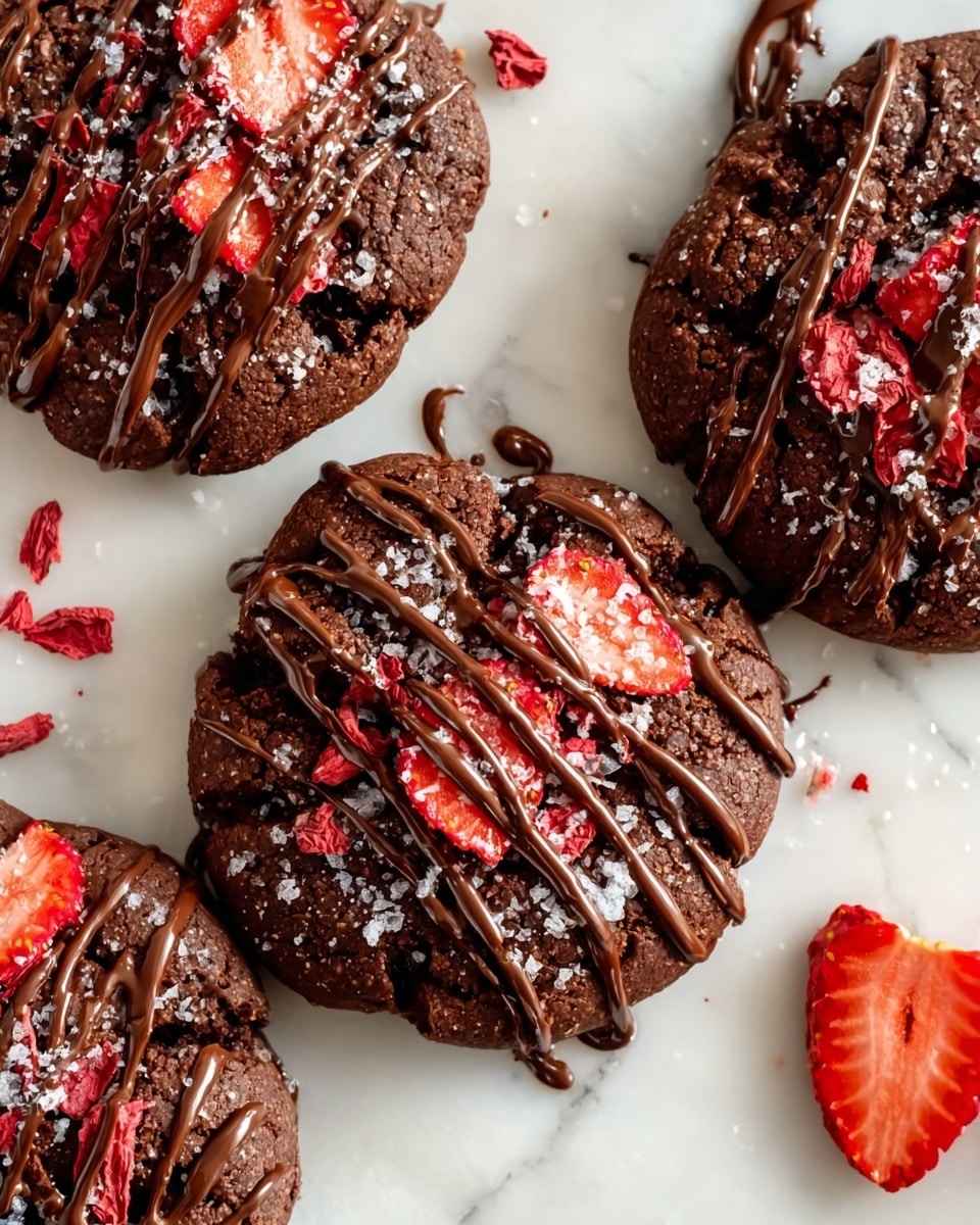 A stack of three thick, rich dark brown chocolate cookies sits on a white marbled surface, each cookie generously drizzled with glossy, smooth dark chocolate sauce and topped with small pieces of vibrant red dried fruit. The cookies have a slightly cracked texture showing their dense and chewy inside. Next to the stack, a broken cookie reveals a gooey, melted dark chocolate center with more red fruit pieces on top. The background is blurred with soft beige tones, and a single fresh red strawberry is faintly visible in the distance. photo taken with an iphone --ar 4:5 --v 7