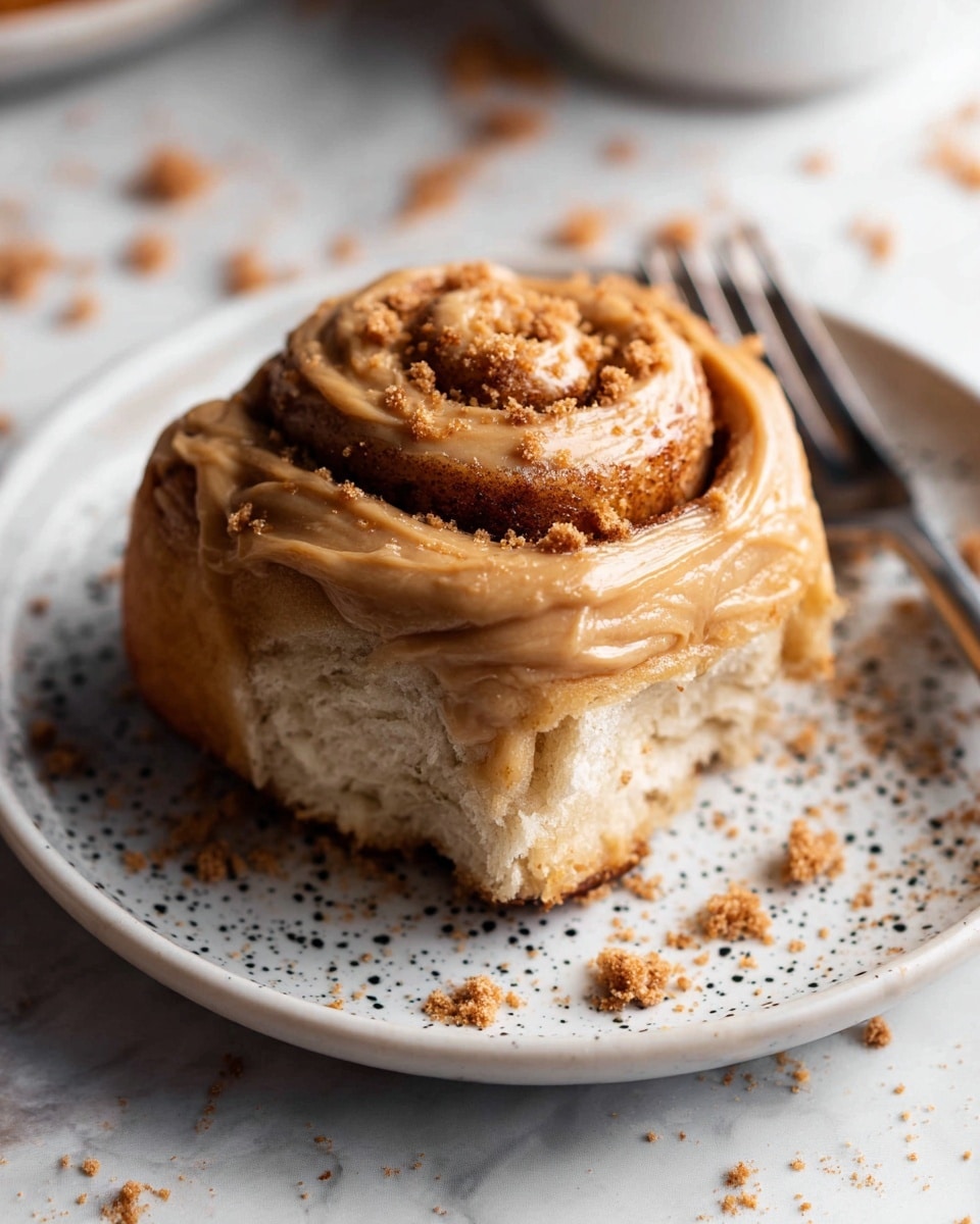 The image shows a close-up of several cinnamon rolls arranged in a white baking pan. Each roll has a swirl pattern, with a golden-brown baked dough base layered beneath a thick, glossy caramel-colored frosting that is slightly melted and smooth. Some rolls are topped with whole brown Lotus biscuits, while others have crushed biscuit crumbs sprinkled on top, adding a textured, crumbly layer over the frosting. The rolls appear soft and moist with a slightly sticky outer glaze. Photo taken with an iphone --ar 4:5 --v 7