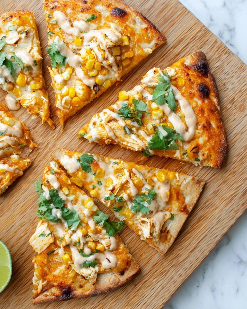 The image shows two flatbread tacos placed on a wooden board with a white marbled background. Each flatbread has three layers: the base layer is golden-brown flatbread, topped with melted cheddar cheese and small yellow corn kernels scattered across. The top layer has white creamy sauce drizzled in wavy lines and sprinkled with white crumbly cheese and fresh green cilantro leaves. On the left side, there is a small white bowl filled with lime wedges, crumbled white cheese, and fresh cilantro. Next to the bowl, there is an orange sauce bottle lying on its side. A woman's hand is reaching toward the bowl. Photo taken with an iphone --ar 4:5 --v 7