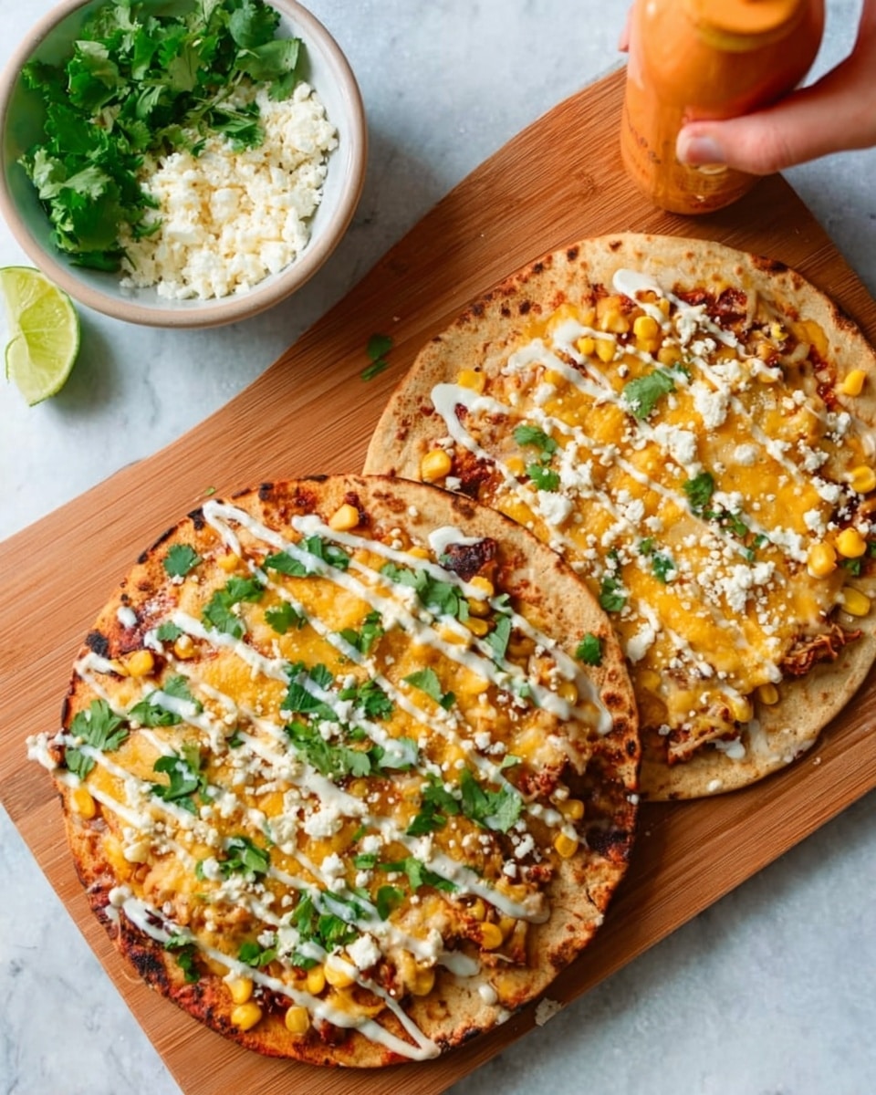 The image shows four triangular slices of pizza arranged on a wooden board with a lime wedge in the corner. The pizza has one thin crust layer with a slightly charred edge textured with small bubbles. The next layer is an orange melted cheese base, topped with scattered yellow corn kernels, white melted cheese, and light brown cooked chicken pieces. Fresh green cilantro leaves are spread across the slices, with a light drizzle of creamy beige sauce creating loose patterns on top. The background surface is a white marbled texture. Photo taken with an iphone --ar 4:5 --v 7