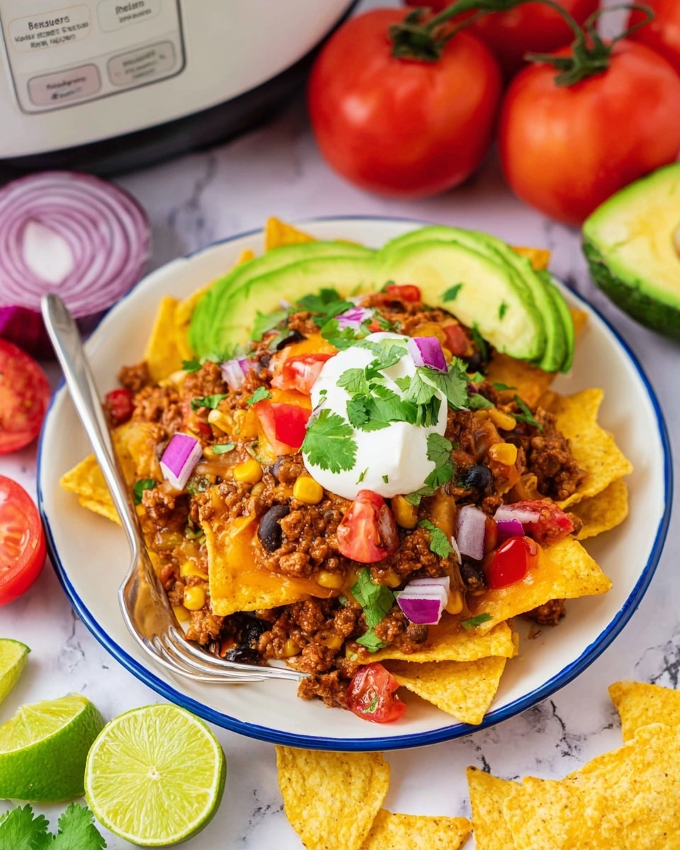 A close-up of a layered taco casserole scoop on a wooden spoon showing a mix of ground beef and black beans with a rich orange melted cheese layer on top. Bright yellow corn kernels peek through the hearty meat layer, while fresh green chopped cilantro and small pieces of red onion garnish the top along with a dollop of red salsa. Below the main scoop, slices of creamy green avocado and bright white sour cream sit nearby, accented with another small mound of cilantro and a wedge of light green lime. The dish is presented on a white bowl placed on a white marbled surface. Photo taken with an iphone --ar 4:5 --v 7
