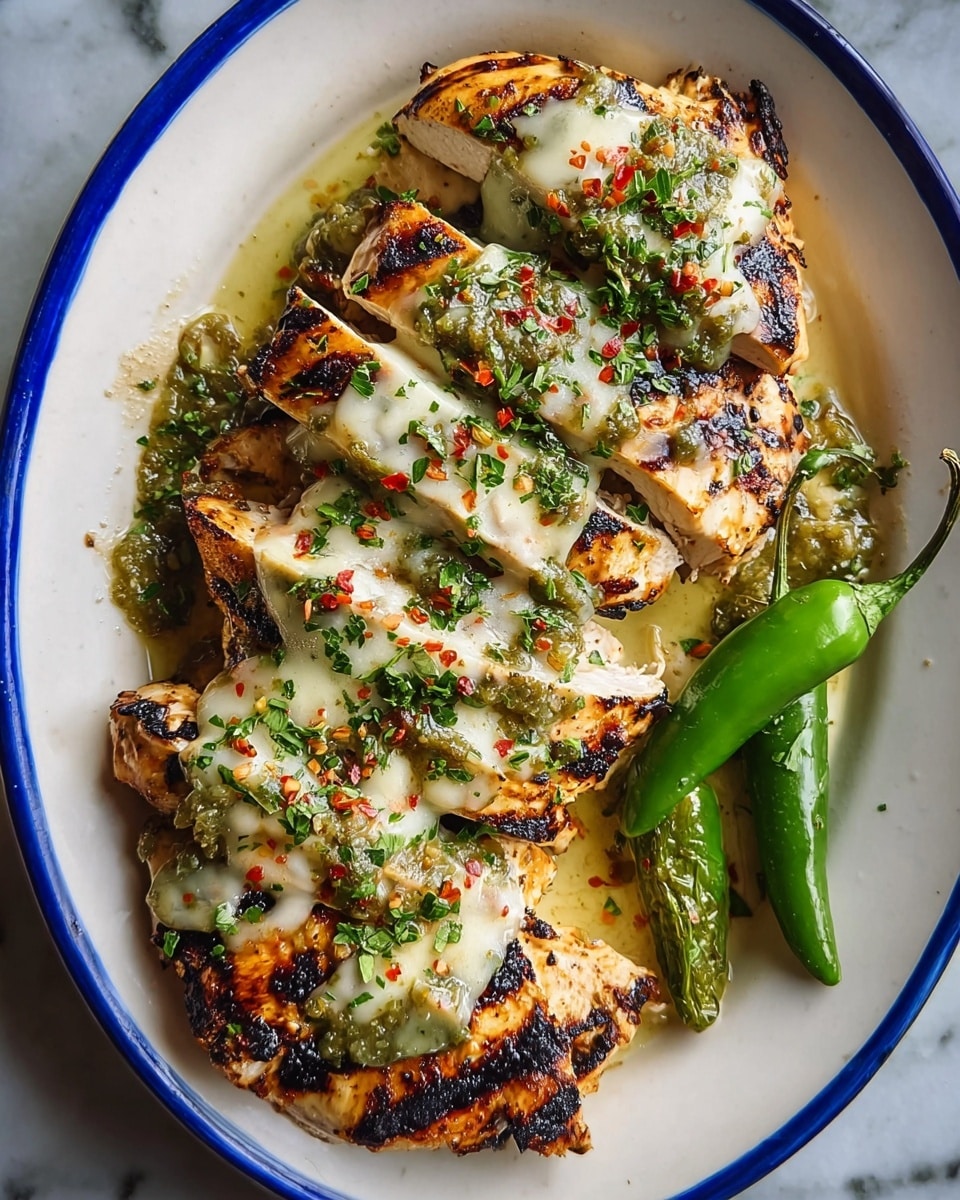 A white plate with a blue and red patterned rim holds a grilled chicken breast cut into six slices arranged in a line. The grilled chicken has a golden-brown, slightly charred surface, topped with a light green herb sauce speckled with chopped fresh parsley. A creamy, light yellow sauce with herbs pools around the chicken on the plate. In the upper right corner of the plate, a lime wedge and a few sprigs of cilantro add fresh green accents. The plate rests on a white marbled texture. Photo taken with an iphone --ar 4:5 --v 7