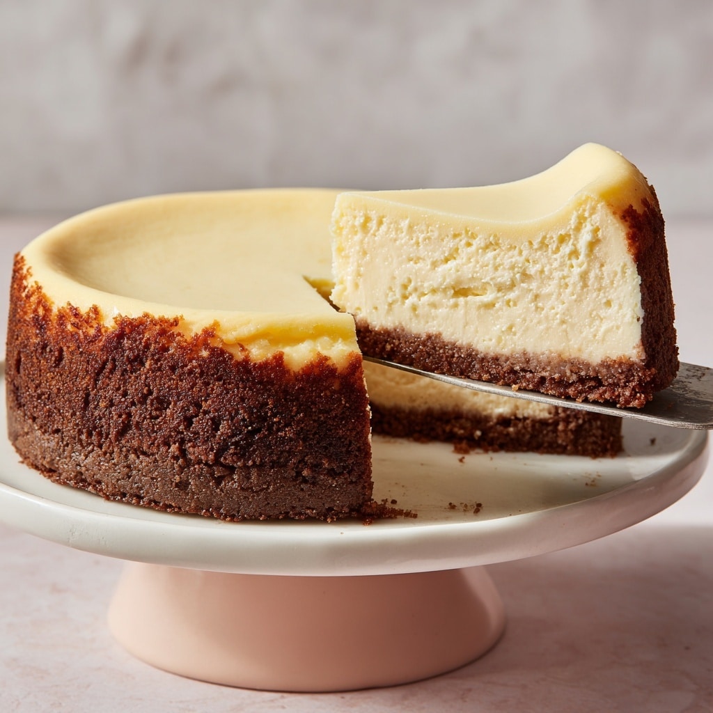 A slice of cheesecake sits on a white plate, showing three layers: a thick brown crumb crust at the bottom with a rough texture, a thick creamy white cheesecake layer in the middle with a smooth, dense texture, and a thin light yellowish top layer. On top of the slice is a swirl of white whipped cream and a small bright red strawberry with green leaves. The plate is on a wooden board, and there is another strawberry near the plate. In the background, there is a blurred larger cheesecake on a pale pink stand and a green cloth, all set on a white marbled surface. photo taken with an iphone --ar 4:5 --v 7